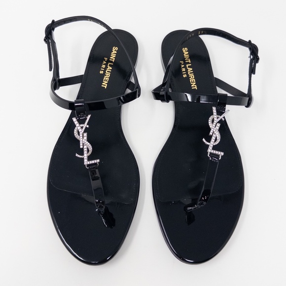 Saint Laurent Cassandra YSL Strass Medalian Flat Sandals EU 39.5 US 9.5 - Picture 2 of 8
